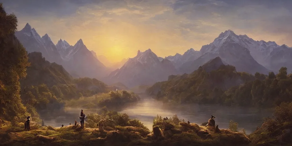 Prompt: A majestic landscape featuring a river, mountains and a forest. A group of birds is flying in the sky. There is an old man with a dog standing next to him. The man is wearing a backpack. They are both staring at the sunset. Cinematic, very beautiful, painting in the style of Lord of the rings