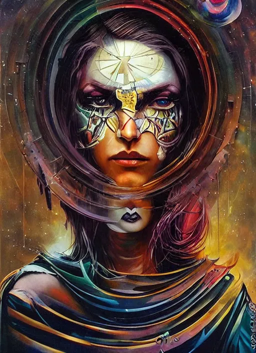 Prompt: enlightened cult psychic woman, symmetrical painted face, third eye, energetic consciousness psychedelic scene, epic surrealism expressionism symbolism, story telling, iconic, dark robed, oil painting, dark myth mythos, by Sandra Chevrier , Bruce Pennington, masterpiece