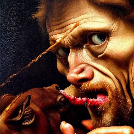 Image similar to close up portrait of willem dafoe eating an entire horse, oil painting, high detail, dark lighting, atmospheric, extremely detailed, intricate, da vinci, michelangelo, caravaggio, hans holbein, raphael, donatello, 8 k