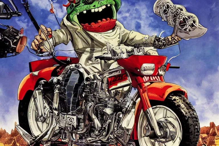 Image similar to pizza the hut, akira's motorcycle, gorillaz, poster, high quality