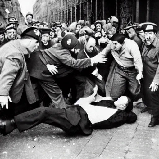 Prompt: a group of Rabbis kicking the crap out of Hitler as he lies in the street