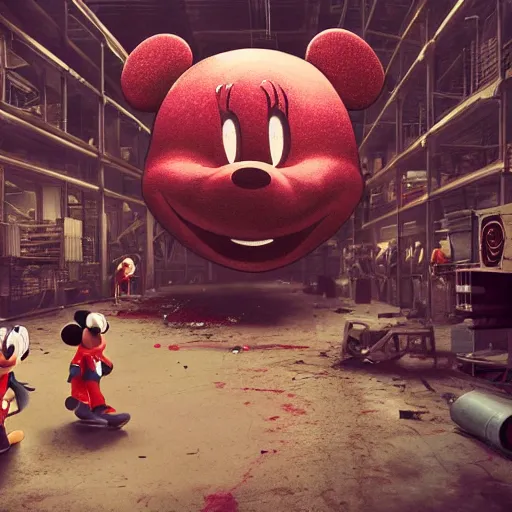 Image similar to a giant mickey mouse head, factory floor, surrounded by factory workers, octane render, cgstation, 3 d render, very detailed, mindblowing, blood and guts, gritty, cyberpunk, cinematic lighting, hyper realism