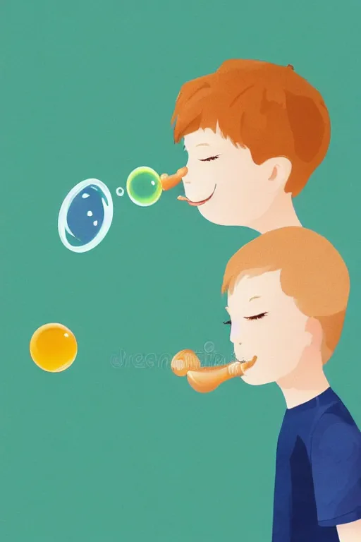 Prompt: a little boy with ginger hair blowing bubbles. clean elegant simple illustration, beautiful detailed face.