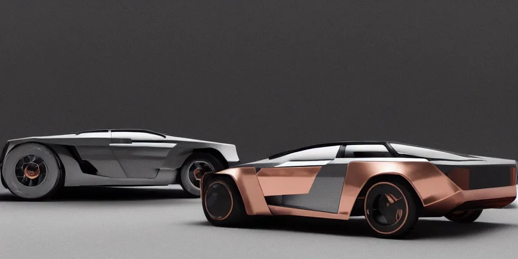 Prompt: a design of a futuristic DMC Delorian, designed by Polestar, blade runner background, front and back view, antique copper car paint with white pin-line accent detailing, black windows, sportscar, dark show room, dramatic lighting, hyper realistic render, depth of field