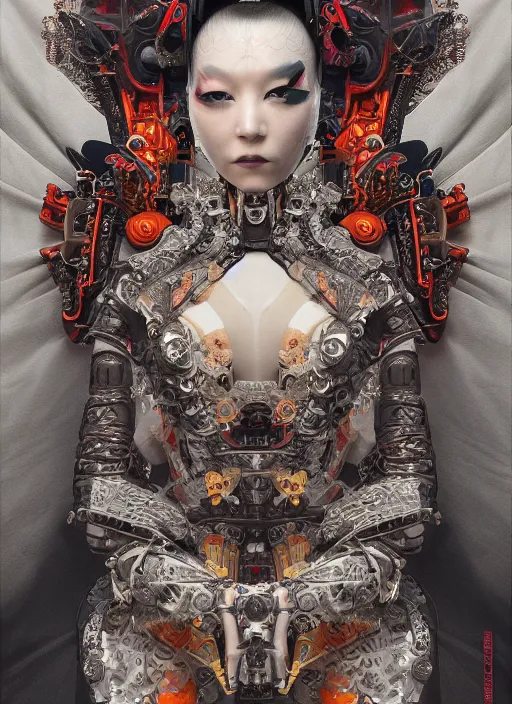 Prompt: portrait of a seductive cyberpunk geisha cyborg with headpiece, imari, sacred geometry, fractal, in the style of ghosts in the shell, intricate ornaments, elegant, highly detailed, digital photography, subsurface scattering, by jheronimus bosch and greg rutkowski,