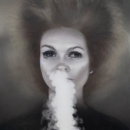 Prompt: full shot of a woman made from white smoke, hair made from black ink fluid in oil, style of roset conrad photo-realistic maximalist hyperrealism