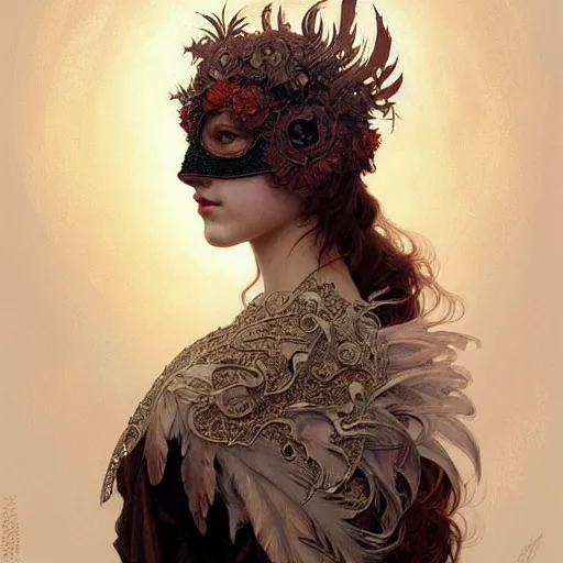 Image similar to Girl wearing an intricate mask made of feather and bone, face, detailed, intricate, elegant, highly detailed, digital painting, artstation, concept art, smooth, sharp focus, illustration, art by Krenz Cushart and Artem Demura and alphonse mucha