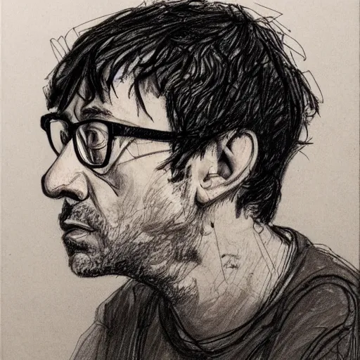 Image similar to a realistic yet scraggly portrait sketch of the side profile of a stern and sophisticated graham coxon, trending on artstation, intricate details, in the style of frank auerbach, in the style of sergio aragones, in the style of martin ansin, in the style of david aja, in the style of mattias adolfsson