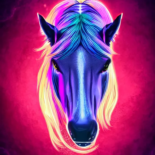 Prompt: digital horse, retrowave palette, highly detailed, anatomically correct equine, synth feel, smooth face, horse whiskers, no reins, super realism, 4 k digital art