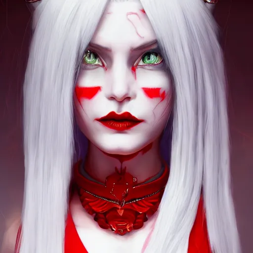 Prompt: a highly detailed portrait of a humanoid demon girl with white hair, red horns, in white clothes, red eyes artstation, deviantart, professional, unreal engine 5, photorealistic