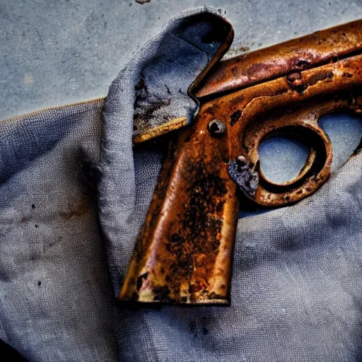 Image similar to An old rusty pistol on a napkin, deeply rusted, water damage, bullet beside it,