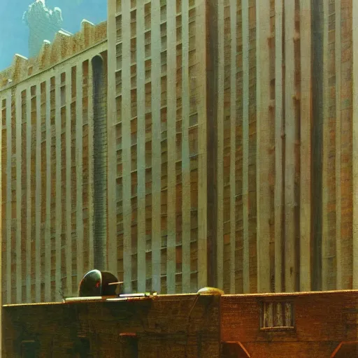 Image similar to a painting of a strange looking building with a lot of windows, cyberpunk art by Zdzisław Beksiński, cgsociety, pop surrealism, steampunk, sci-fi, dystopian art