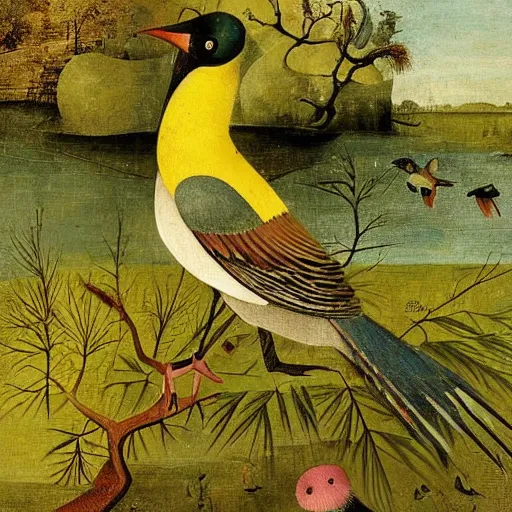 Prompt: A beautiful experimental art of a bird in its natural habitat. The bird is shown in great detail, with its colorful plumage and intricate patterns. The background is a simple but detailed landscape, with trees, bushes, and a river. bright yellow by Jack Davis, by Hieronymus Bosch rich