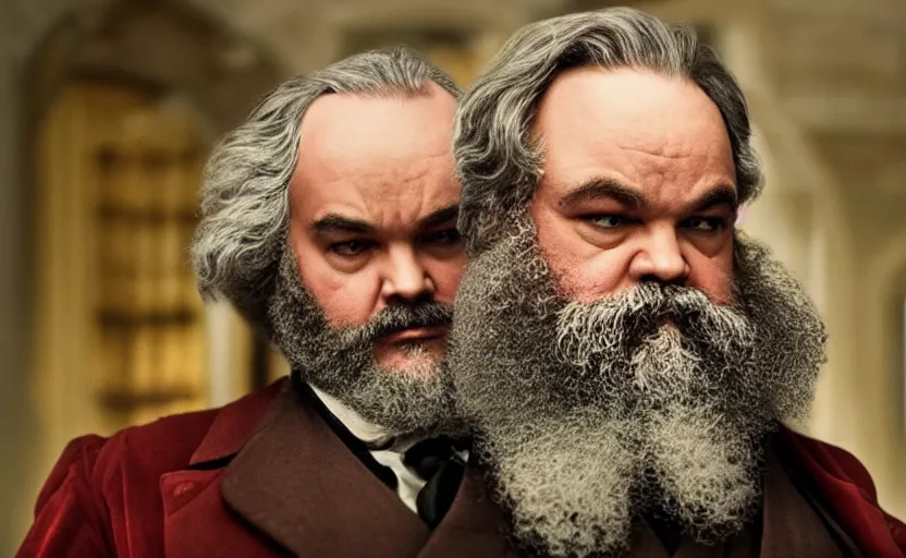 Image similar to Jack Black as Karl Marx in 'Marx' (2018), movie still frame, oscar nominated cinematography, volumetric lighting, 8k resolution, beautiful composition