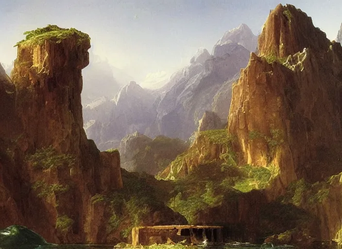 Prompt: painting of a brutalist structure in front of beautiful mountains by thomas cole