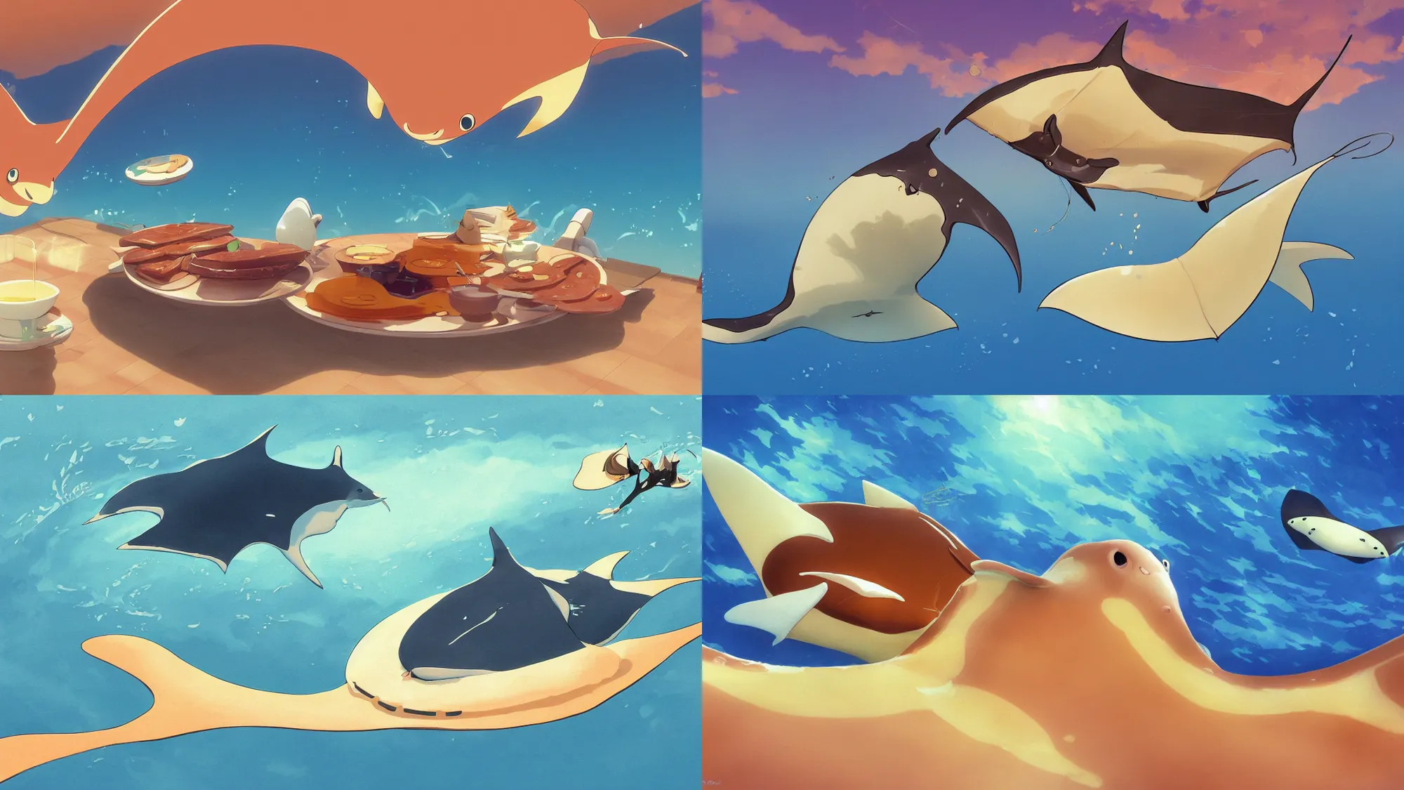 Prompt: painting of a happy flat pancake manta ray swimming in syrup, cute, 4 k, anime manta ray made of pancake, fantasy food world, living food adorable pancake, brown atmospheric lighting, by makoto shinkai, studio ghibli, chris moore