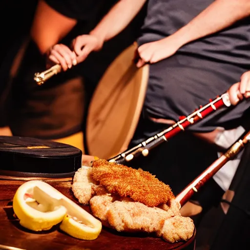 Image similar to photo of a schnitzel holding a flute and drumming with it, drum set, night club, spot light, 50mm, beautiful photo