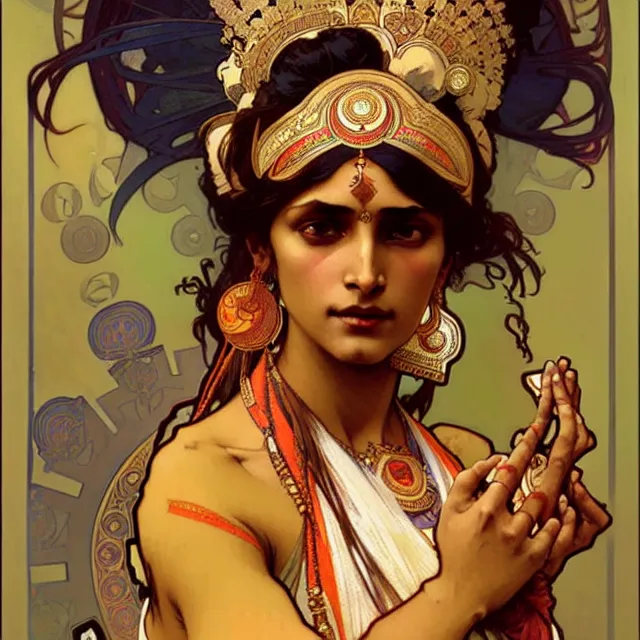 Prompt: an indian princess, art by alphonse mucha and greg rutkowski, elegant, extremely detailed