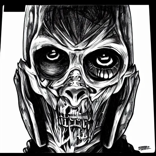 Image similar to a scary horror themed cyborg, drawn with charcoal and pen and ink, half-tone-line-stacking