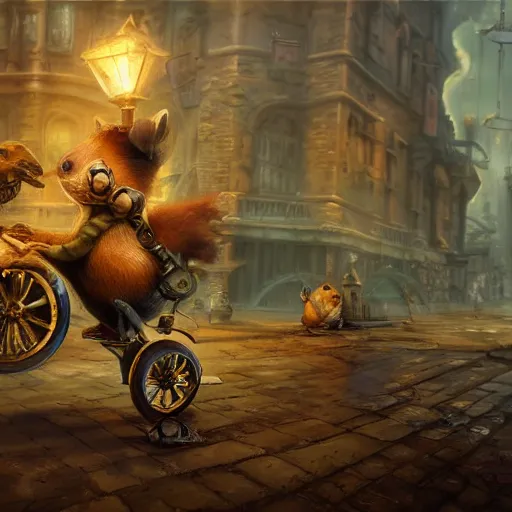 Image similar to oil painting of steampunk hamster riding on duck, steampunk city background, sharp focus, fantasy style, octane render, volumetric lighting, 8k high definition, by greg rutkowski, highly detailed, trending on art Station, explosions, magic the gathering artwork, centered