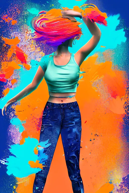 Image similar to a award winning half body portrait of a beautiful woman in a croptop and cargo pants with ombre orange blue teal hairstyle with head in motion and hair flying, paint splashes, splatter, outrun, vaporware, shaded flat illustration, digital art, trending on artstation, highly detailed, fine detail, intricate