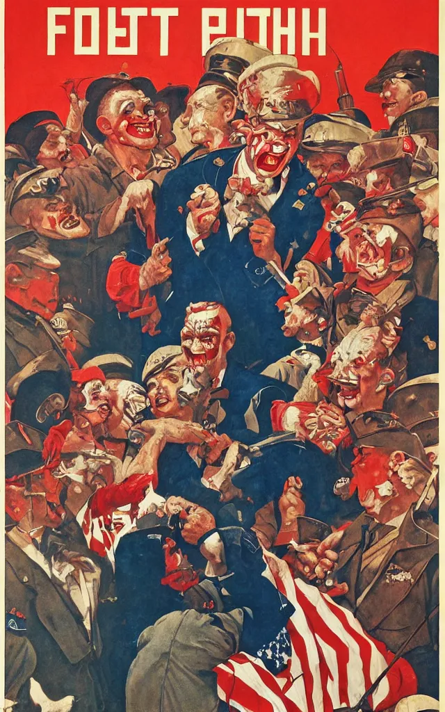 Prompt: clown fight, in the style of norman rockwell, cold war, propaganda poster, sci - fi illustrations, highly detailed, award - winning, patriotic, soviet, ussr, dark, gritty, ink