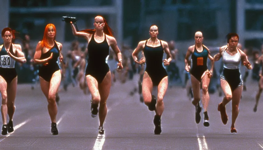 Image similar to The matrix, LeeLoo, Starship Troopers, Clarice Starling, Sprinters in a race with a clear winner, The Olympics footagein a stadium, intense moment, cinematic stillframe, Robby Mueller, The fifth element, vintage robotics, formula 1, starring Geena Davis, sports photography, clean lighting