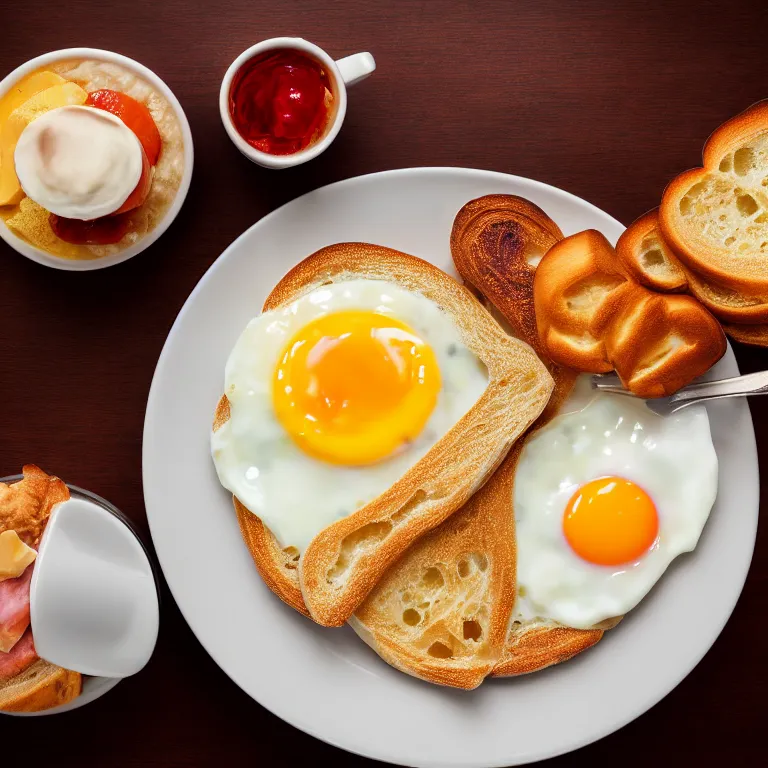Prompt: close - up focused dslr photograph of an american breakfast, 8 k, high detail, volumetric lighting, hyperrealism, aesthetically pleasing, studio lighting, trending