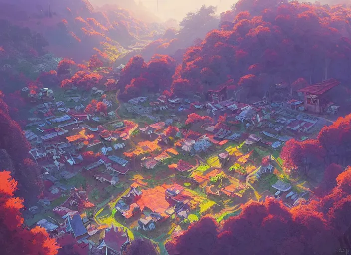 Image similar to concept art painting of a small woodland village in a valley seen from above, european japanese buildings, early morning, cel shaded, detailed, realistic, by makoto shinkai and moebius and anton fadeev and james gurney
