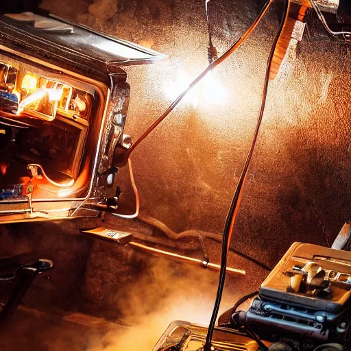 Image similar to overcharging toaster oven, tangles of metallic cables, dark messy smoke - filled cluttered workshop, dark, dramatic lighting, orange tint, sparks, plasma charges, cinematic, highly detailed, sci - fi, futuristic, movie still