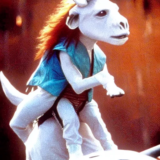 Prompt: Michael Jackson riding on top of Falkor from the film The Neverending Story