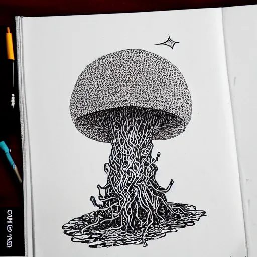 Image similar to black and white ink doodle illustration of an ancient tree floating in outer space, overgrown with funghi, style by peter deligdisch, peterdraws