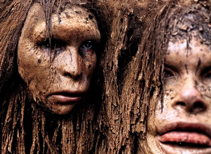 Image similar to beautiful supermodel neanderthal woman covered in mud, movie still, from the movie quest for fire, 8 k, realistic