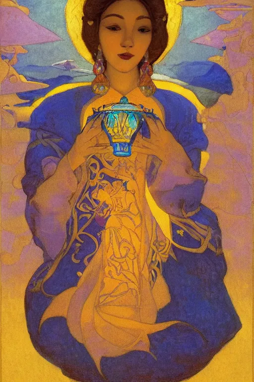 Image similar to queen of the dawn with her lantern and birds, by Nicholas Roerich and Annie Swynnerton, elaborate headdress and embroidered velvet, iridescent beetles, rich color, dramatic cinematic lighting, extremely detailed