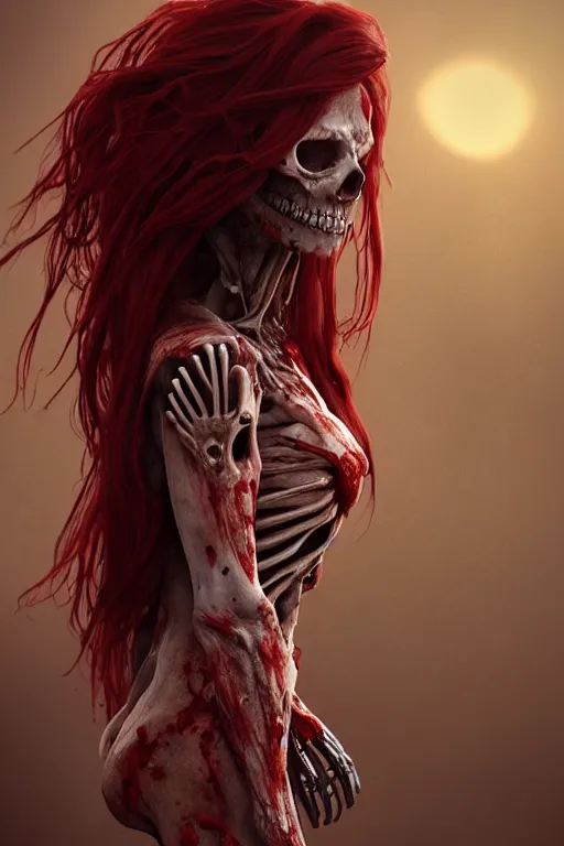 Image similar to woman skeleton covered with blood, long red hair, ultra realistic, concept art, intricate details, highly detailed, photorealistic, octane render, 8 k, unreal engine. retro film still, heavy grain, 3 5 mm, art by artgerm and greg rutkowski and alphonse mucha