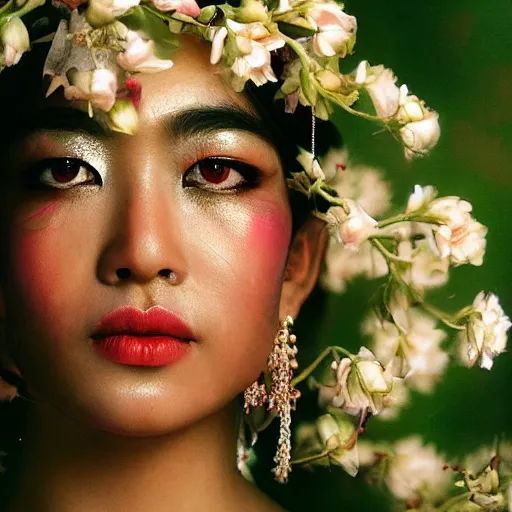 Image similar to photography of the asian queen sitting in the flower thorn, beautiful face, masterpiece costume, jewellery, high quality, elegant, emotionally touching, cool, deep gaze, mystery, tenderness, david lachapelle style