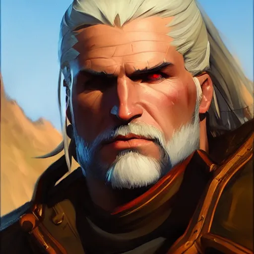 Prompt: Greg Manchess portrait painting of Geralt of Riva as Overwatch character, medium shot, asymmetrical, profile picture, Organic Painting, sunny day, Matte Painting, bold shapes, hard edges, street art, trending on artstation, by Huang Guangjian and Gil Elvgren and Sachin Teng