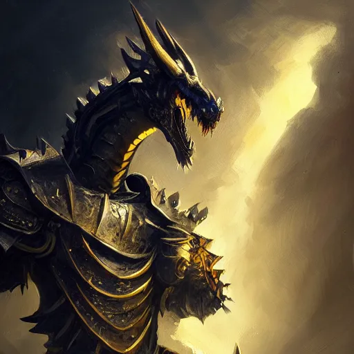 Prompt: anthropomorphic dragon warrior stands tall wearing black and gold plate armor, oil painting, Tooth Wu, Greg Rutkowski, RPG, dynamic lighting, fantasy art, High contrast, depth of field