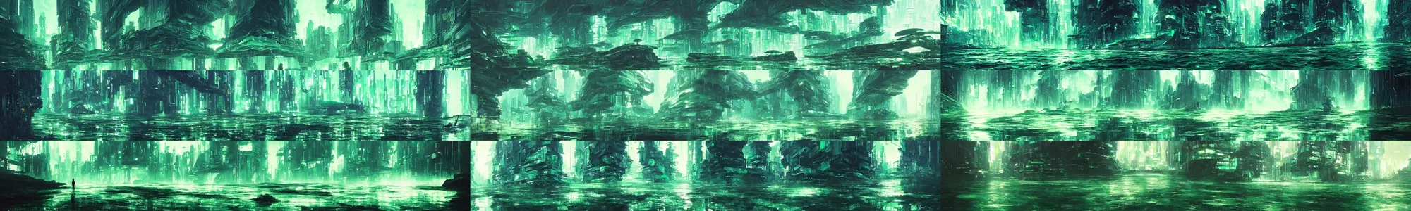 Image similar to reflective waves, cyberpunk texture, green coloring, by studio ghibli and greg rutkowski