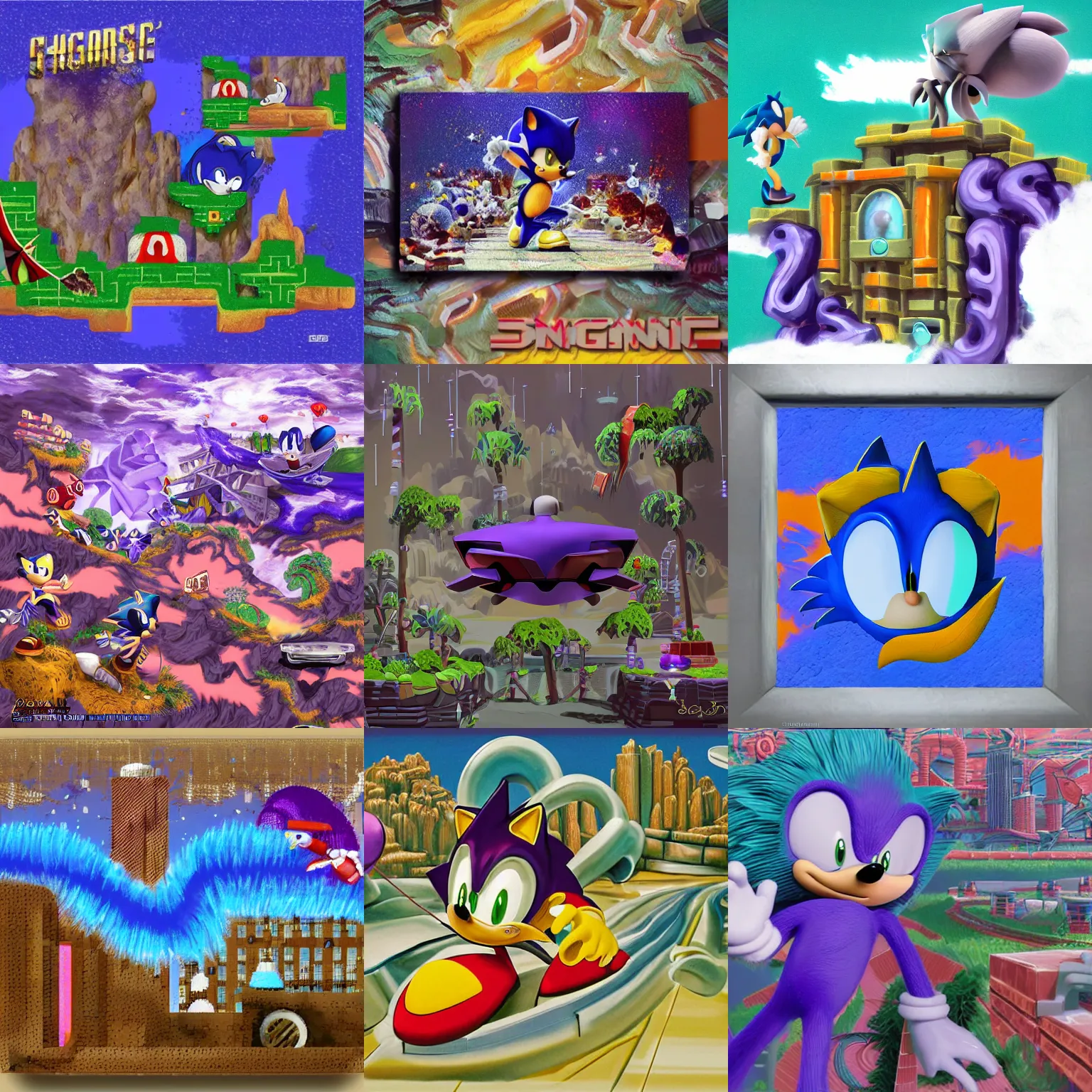 Prompt: sonic hedgehog portrait deconstructivist claymation scifi matte painting landscape of a surreal sonic hedgehog, retro moulded professional soft pastels high quality airbrush art album cover of a liquid dissolving airbrush art dreams sonic the hedgehog swimming through dreams purple teal checkerboard background 1 9 9 0 s 1 9 9 2 sega genesis rareware video game album cover