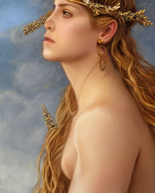 Image similar to drawing of a beautiful greek goddess aphrodite wearing a laurel wreath and arrowhead earrings, beautiful confident and piercing eyes, beautiful blonde hair, hyper realistic face, in the style of greg rutkowski, fantasy, amazing detail, epic, elegant, smooth, sharp focus, from the front