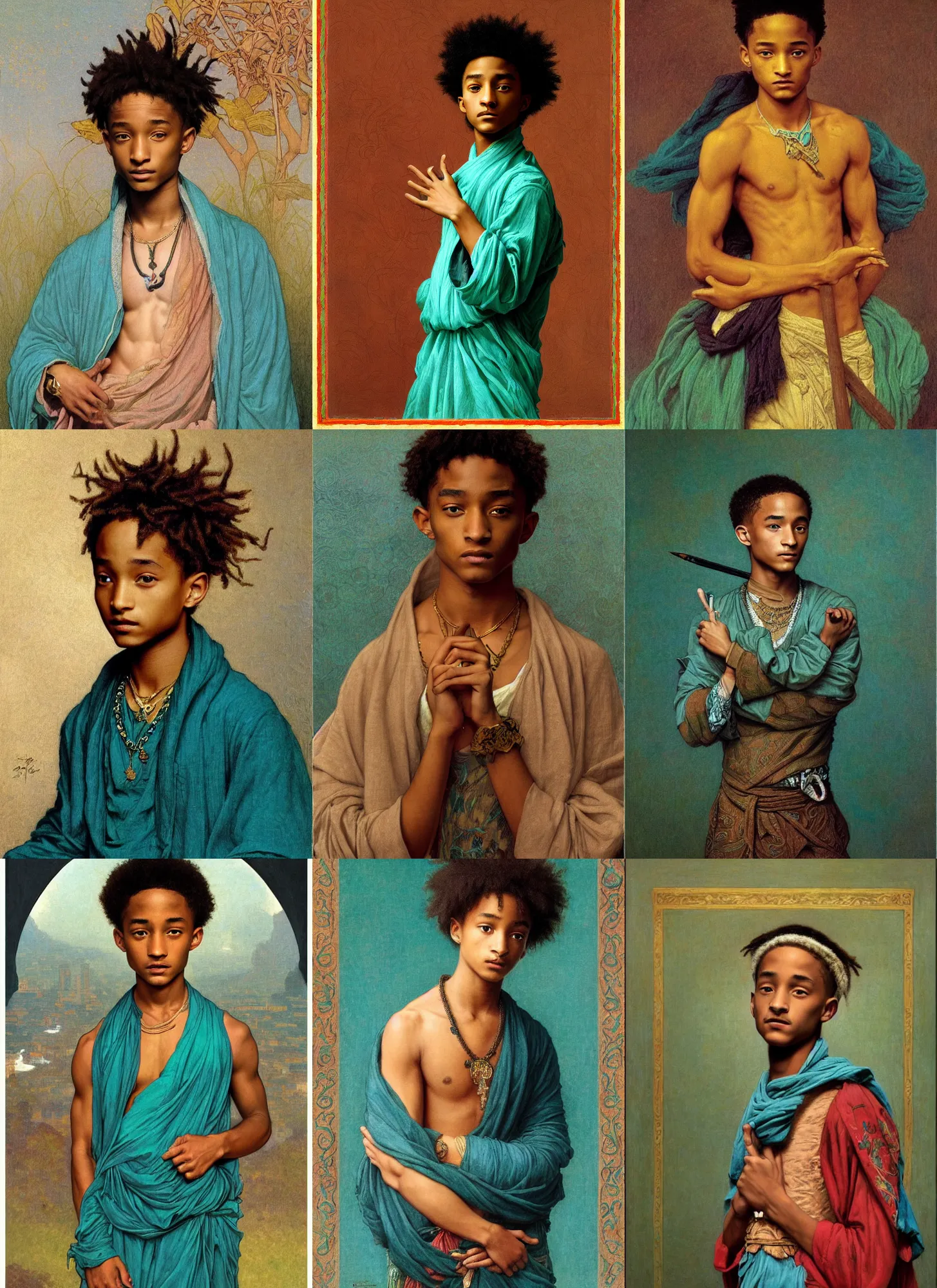 Prompt: jaden smith as young libu, sidecut, teal cloth, intricate, dark, highly detailed, sharp focus, illustration, orientalism, bouguereau, mucha
