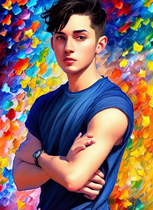 Prompt: handsome young man with short black hair, male, full detailed clothing, half body shot, arms down, path traced, highly detailed, high quality, digital painting, alena aenami, leonid afremov, lilia alvarado, shinji aramaki, karol bak, alphonse mucha, tom bagshaw