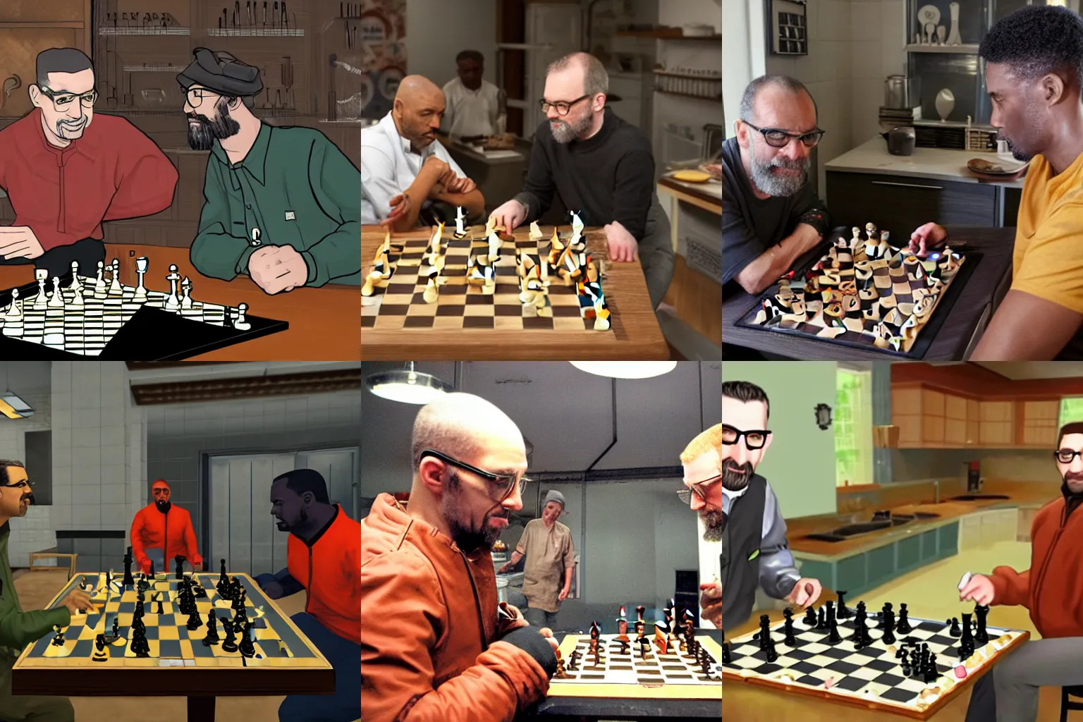 Prompt: Gordon Freeman plays chess with Adrian Shephard while G-Man makes pancakes in Soviet kitchen at morning