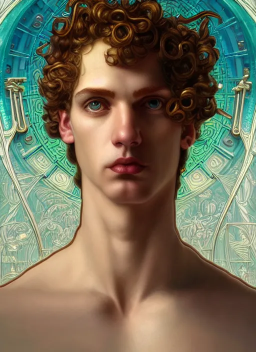 Prompt: the god hermes, young man, curly blond hair, glowing eyes, volumetric lights, cyan and white scheme, art nouveau botanicals, gothic, intricate, highly detailed, digital painting, artstation, concept art, smooth, sharp focus, symmetric face, illustration, steampunk, art by artgerm and greg rutkowski and alphonse mucha