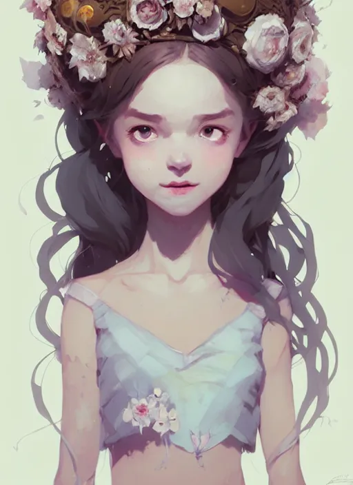 Prompt: portrait of cute fairy girl with crown of flowers fantasy, by atey ghailan, by greg rutkowski, by greg tocchini, by james gilleard, by joe gb fenton, by kaethe butcher, dynamic lighting, gradient light blue, brown, blonde cream and white color in scheme, grunge aesthetic