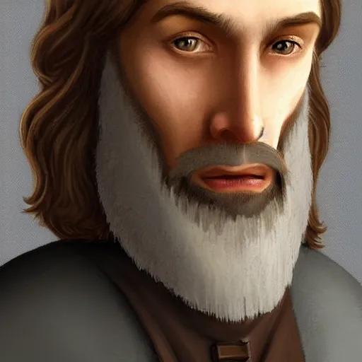 Image similar to a medieval nobleman with a long face, long brown hair and a closely - trimmed beard which is beginning to go grey. character art.