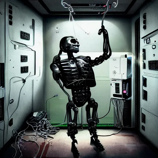 Image similar to photorealistic torso of a terminator with borg implants and a human face is hanging from cables and wires off the ceiling of an futuristic abandoned computer room and plugged into a quantum computer that's visible in the background. bottom half of the terminator's body is missing with cables sticking out. The Terminator is taking a sip from a cup of coffee. Tiny green led lights in the terminator's cybernetics. very detailed 8k. Cyberpunk horror style.