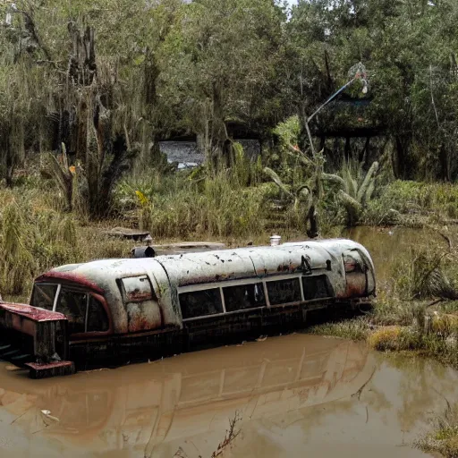 Image similar to post - apocalyptic magic kingdom, wasteland, submerged, monorail, abandoned, wet, swamp, walt disney world, highly detailed, intricate, 8 k