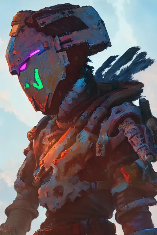 Image similar to combination suit armor aloy horizon forbidden west horizon zero dawn radiating a glowing aura global illumination ray tracing hdr fanart arstation by ian pesty and alena aenami artworks in 4 k tribal robot ninja mask helmet backpack